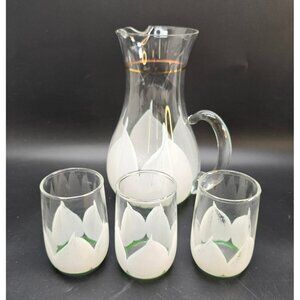 Vintage Tulip Glasses and Pitcher Hand-Painted White Floral Lotus Style VL4053